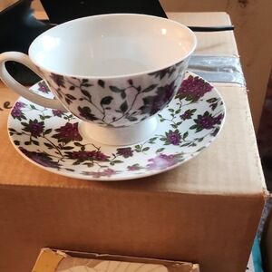 Avon White Porcelain Teacup and Saucer with Purple Floral Design